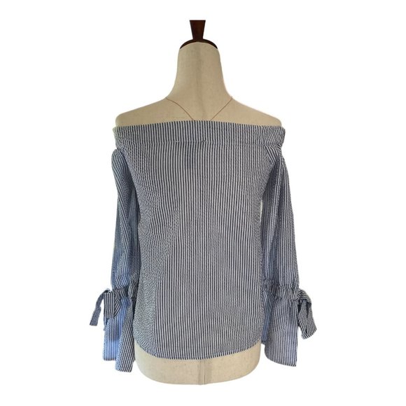 Aqua Top Women XS Striped Off the Shoulder Long Sleeve with Bell Sleeve‎ and Bow - Picture 7 of 12